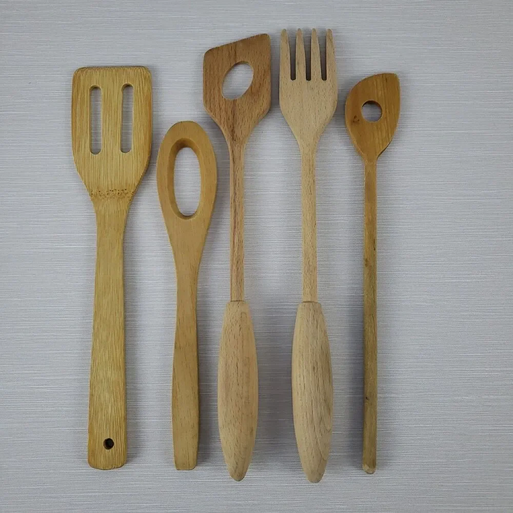 Wood Cooking Utensils Spoon Fork Chopper Spatula 5 Pcs Lot